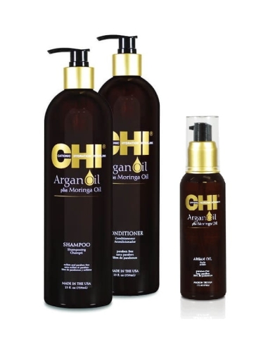 CHI ARGAN OIL  - Zestaw z olejkiem arganowym Szampon 739ml + Odżywka 739ml + Olejek arganowy bez spłukiwania 89ml  