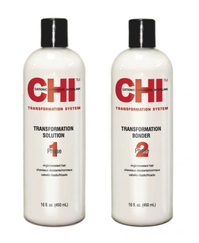 CHI TRANSFORMATION SOLUTION -  Zestaw trwale prostujący do dziewiczych i opornych włosów Płyn + Utrwalacz
