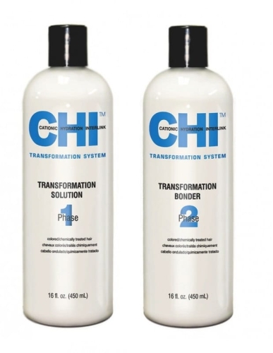 CHI TRANSFORMATION SOLUTION -  Zestaw trwale prostujący do włosów farbowanych, traktowanych chemicznie  Płyn + Utrwalacz