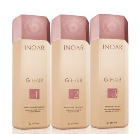INOAR G.HAIR Zabieg prostowania do włosów niesfornych i trudnych Keratyna 1000ml+Szampon 1000ml+Maska 1000ml 