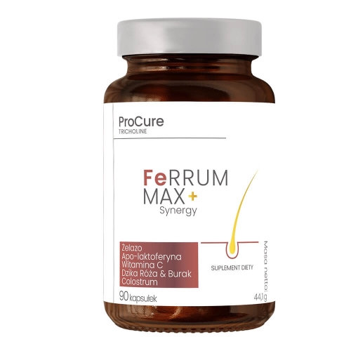 Pro cure tricholine feRRUM max + synergy Żelazo, colostrum, witamina C Suplement diety 90 kapsułek