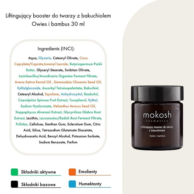 Mookosh Booster z bakuchiolem 30ml skład.jpgMokosh Wygładzające serum do twarzy z bakuchiolem owies i bambus 30ml