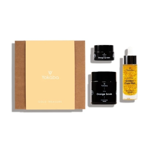 Yokaba gold treasure zestaw prezentowy olejek do twarzy i szyi 30ml pomarańczowy peeling do ciała 100ml pomarańczowy balsam do ust 15ml