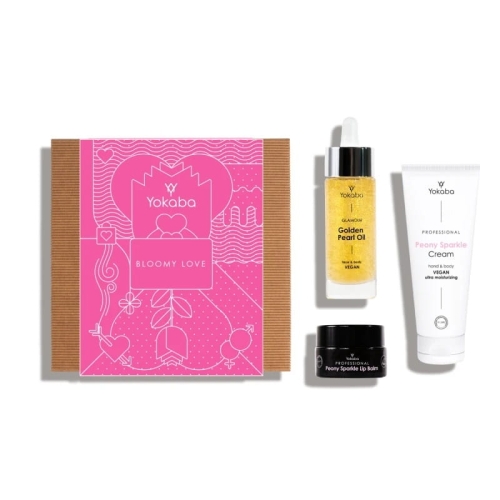 Yokaba bloomy love zestaw prezentowy peony sparkle krem do ciała i dłoni 75ml  peony sparkle balsam do ust 15ml olejek do twarzy i ciała 30ml