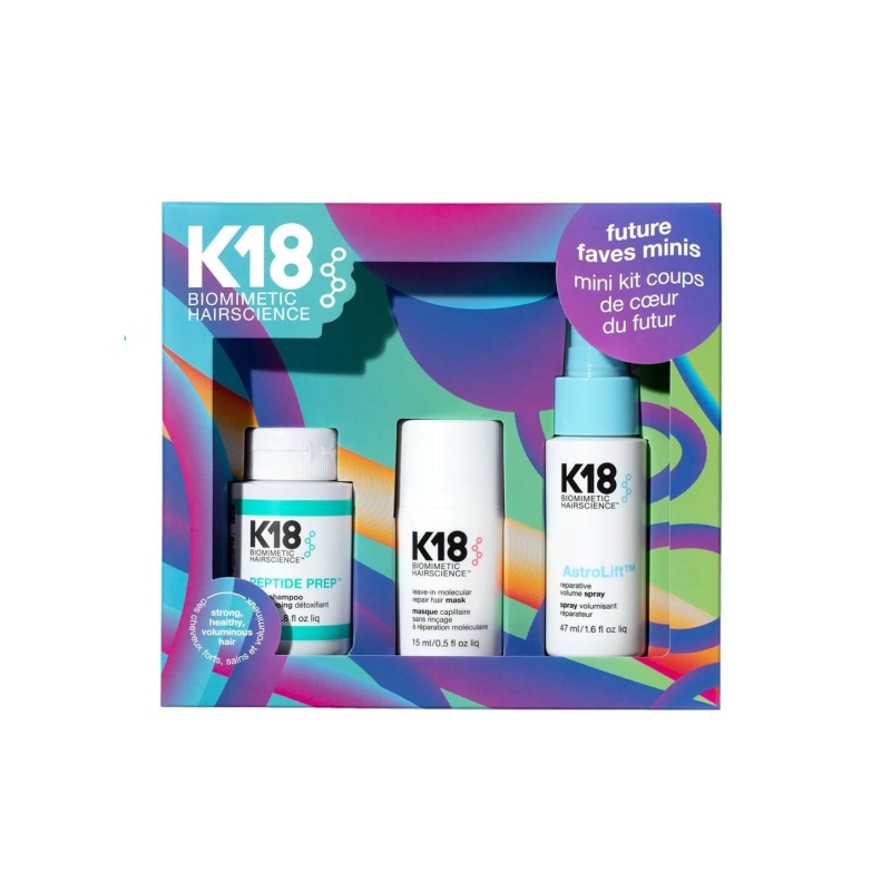 K18 futures faves mini Zestaw regenerujący i nadający objętość Szampon 54ml Maska 15ml Spray 47ml.jpg