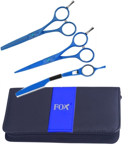 FOX BLUE Zestaw do strzyżenia nożyczki + degażówki + brzytwa w etui